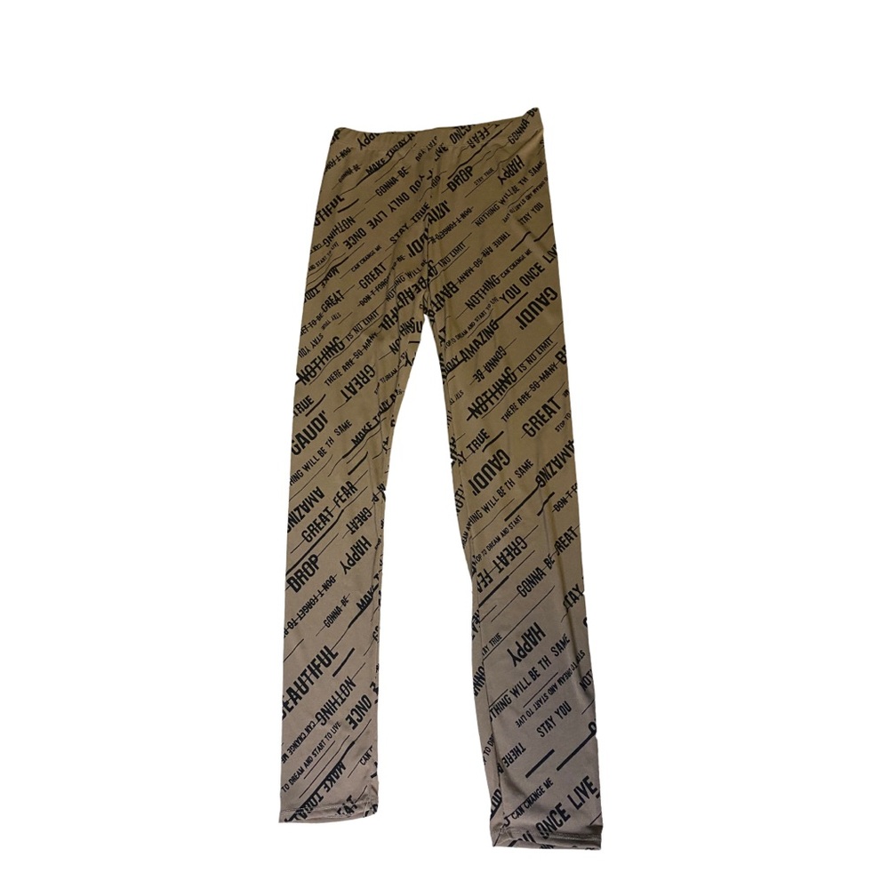 KTOO Positive black print words taupe leggings size Small